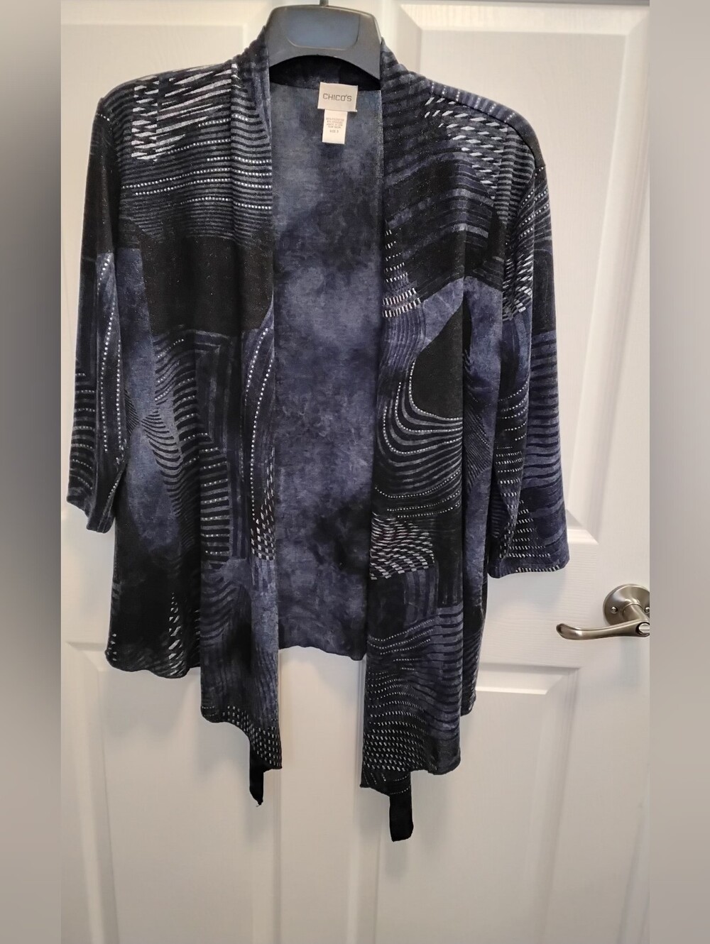 Chico's Black/Blue Abstract Print Open Front Cardigan, Size 3= 16 XL